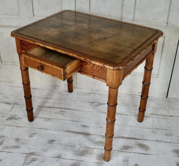 Victorian Faux Bamboo Leather Top Writing Table - Image 2