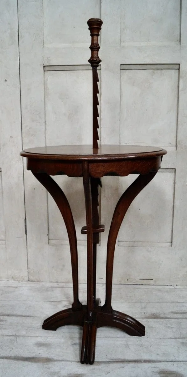 Antique Oak Adjustable Ratchet Candle Stand Table - Image 9