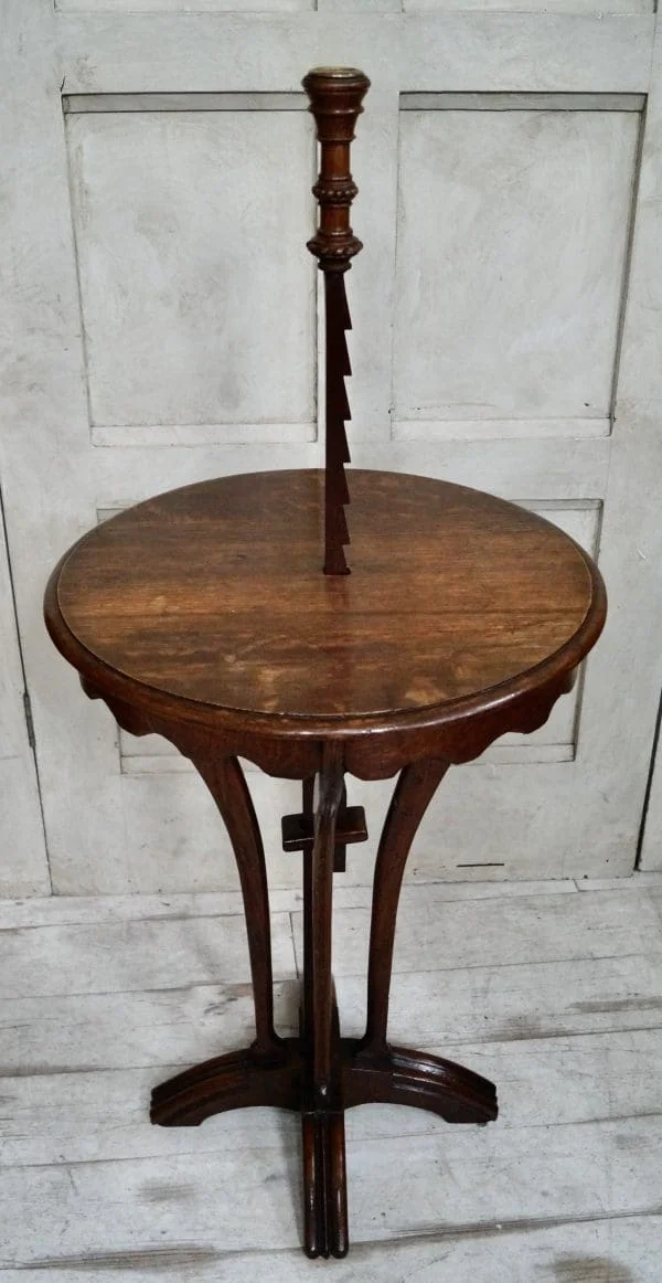 Antique Oak Adjustable Ratchet Candle Stand Table