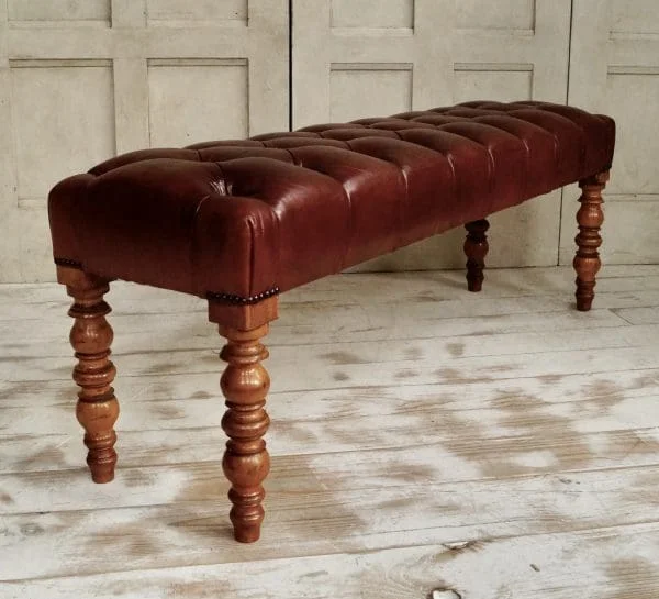 Victorian Deep Button Leather Window Bench - Image 3