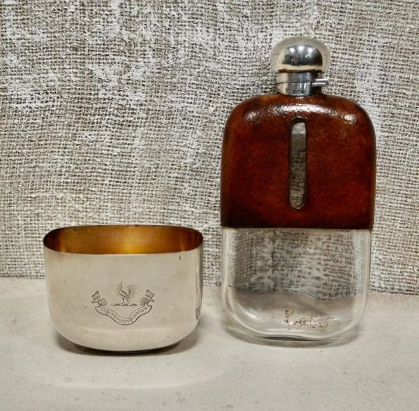 Drew and Sons Silver and Leather Bound Hip Flask