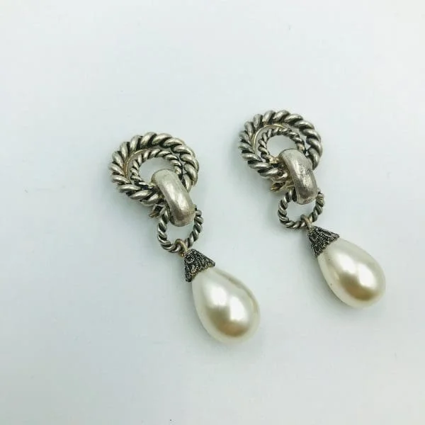 Vintage Louis Rousselet Silver and Glass Pearl Drop Earrings 1950s - Image 3