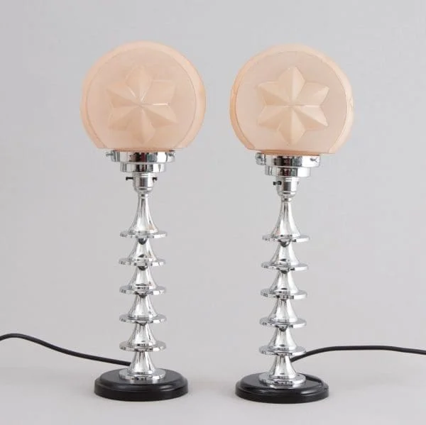 Pair of Modernist Art Deco Table Lamps with Frosted Glass Star Shades, British c.1930 - Image 3