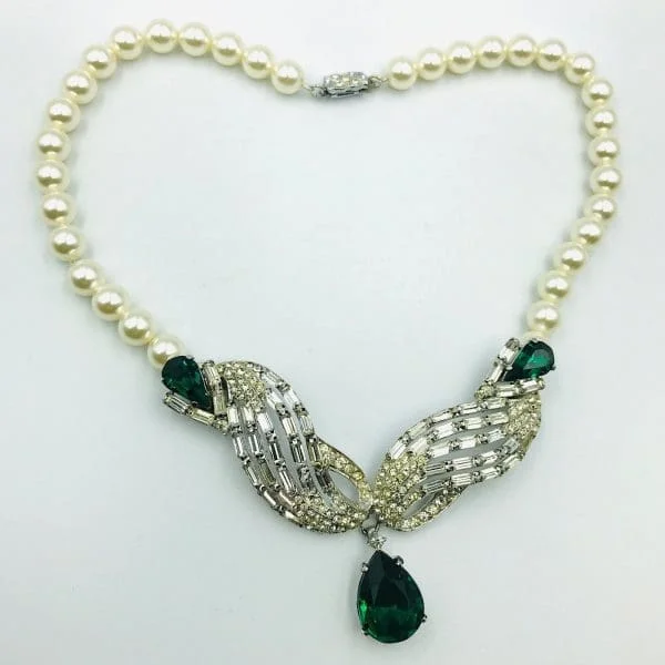 Vintage Silver and Glass Pearl Emerald Drop Necklace Circa 1950s - Image 2