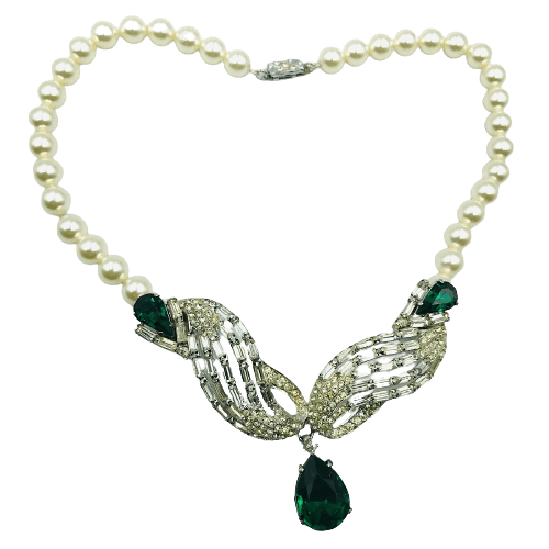 Vintage Silver and Glass Pearl Emerald Drop Necklace Circa 1950s