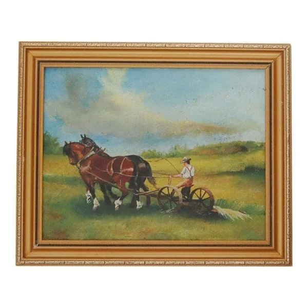 H Allison, British, small oil on board, farmer and horses ploughing - Image 3