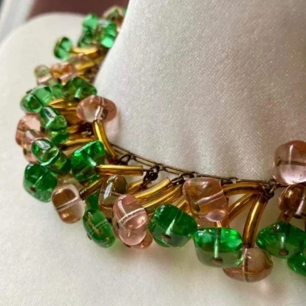 French Couture Pink and Green Gripoix, Pate de Verre, Glass Collar Necklace - Image 8