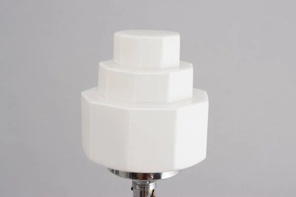 Art Deco Table Lamp on Hexagonal Base with Opal Skyscraper Shade, British c.1930 - Image 4