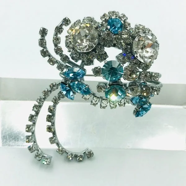 Vintage Aquamarine and Clear Paste Floral Spray Brooch Circa 1950s - Image 6