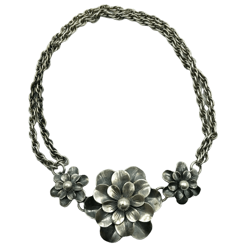 Vintage Joseff of Hollywood silver metal Camelia Necklace Circa 1940s