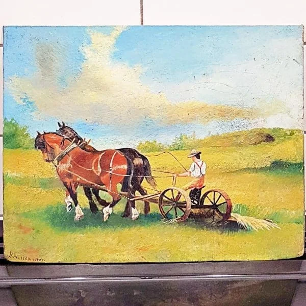 H Allison, British, small oil on board, farmer and horses ploughing