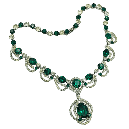 Vintage Emerald and Clear Rhinestone Necklace by Kramer of New York