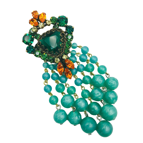 Vintage Max Muller Jade Glass Bead Cascade Brooch Circa 1950s