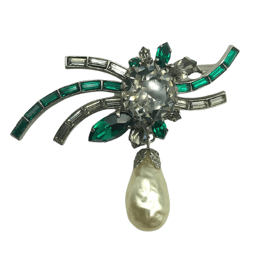 Vintage Max Muller Emerald and Drop Pearl Brooch Circa 1950s