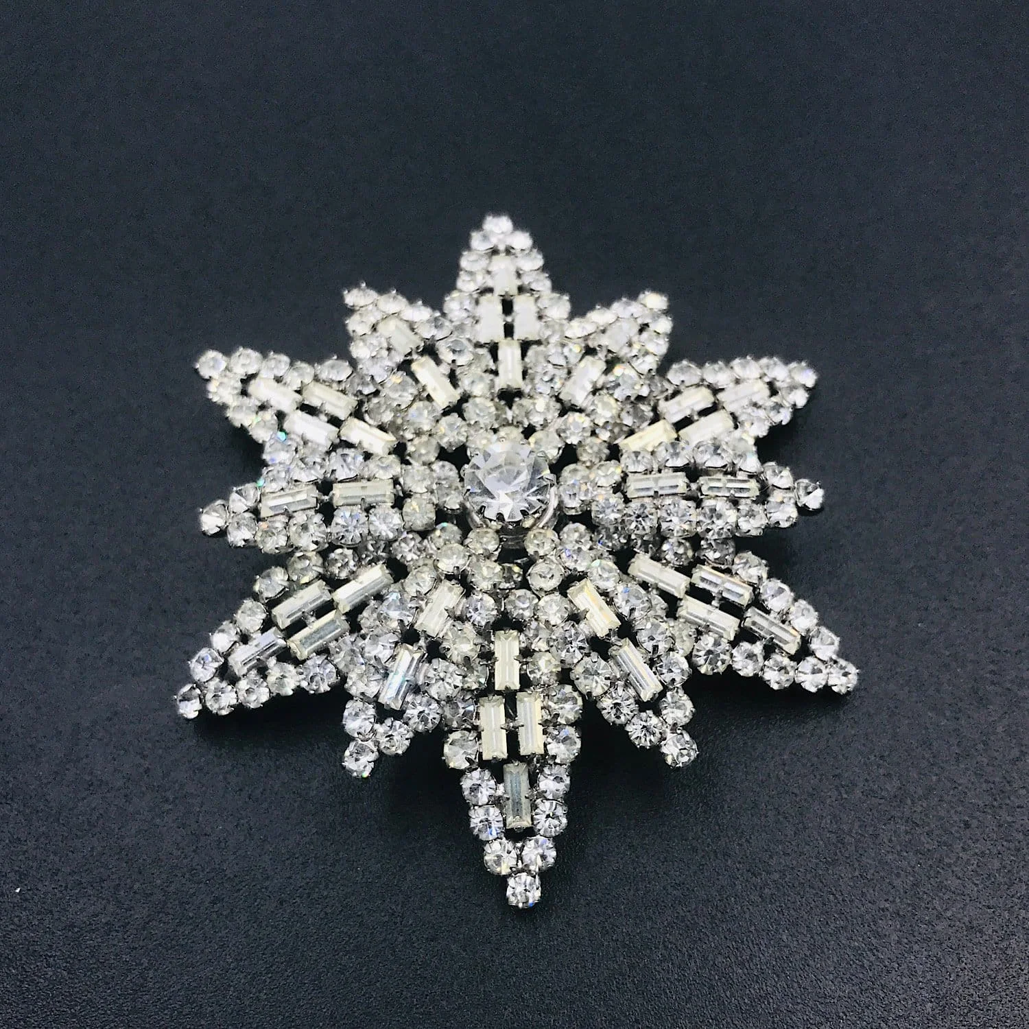 Vintage 1950s Black and White store Rhinestone Floral Brooch