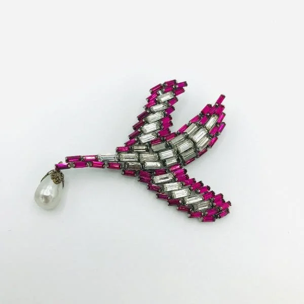 Vintage Max Muller Fuchsia Rhinestone Bird Brooch Circa 1960 - Image 3