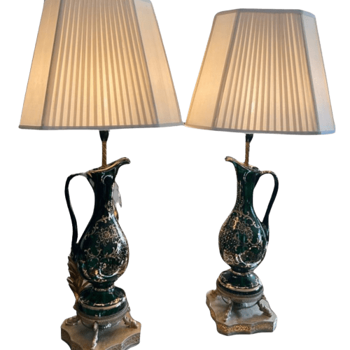 A Pair of Bohemian Green Glass Claret Jug Lamps