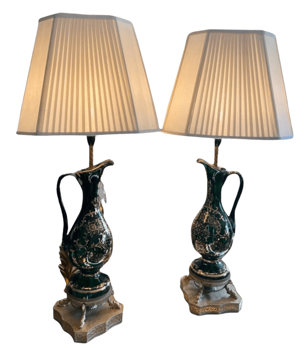 A Pair of Bohemian Green Glass Claret Jug Lamps