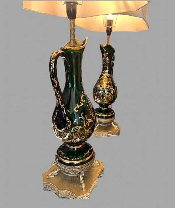 A Pair of Bohemian Green Glass Claret Jug Lamps - Image 2