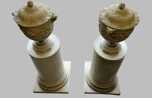 A Pair of Decorative Pedestals with Lidded Urns - Image 2