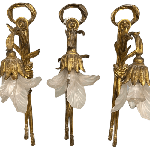 A Set of Three Late 19th Century Gilt and Glass Wall Lights