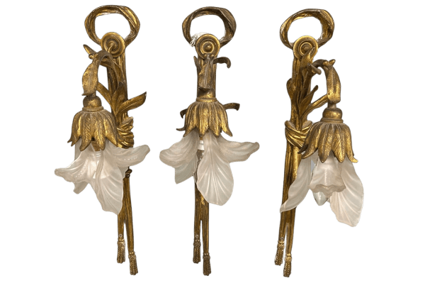 A Set of Three Late 19th Century Gilt and Glass Wall Lights