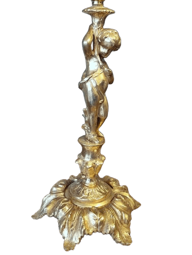 Neoclassical Style Large Ornate Alabaster Brass Table Lamp Cherub CandleStick