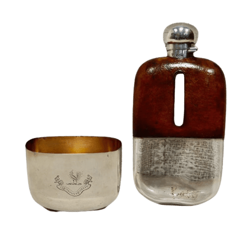 Drew and Sons Silver and Leather Bound Hip Flask