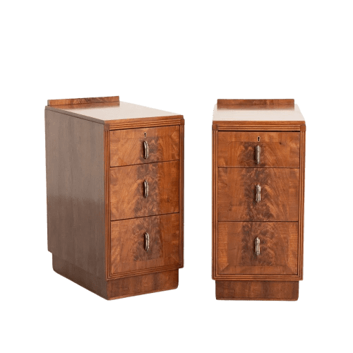 Pair of British Art Deco 3 Drawer Bedside Cabinets Nightstands