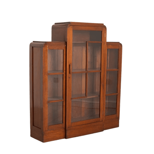 Art Deco Skyscraper Walnut Bookcase Display Cabinet British c.1930