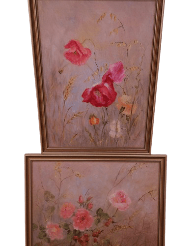 Pair of framed floral oil paintings by US artist Kathleen Hobbs