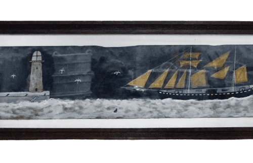 Painting “Schooner Approaching Port” In the Style Of Alfred Wallis