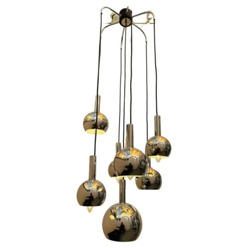 Midcentury Plange Leuchten 7 Chrome Globe Cascading Light