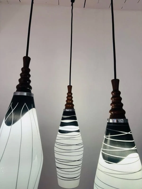 Mid-Century Czech Zukov Black and White Milky Glass Hanging Light - Image 14