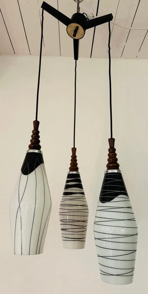 Mid-Century Czech Zukov Black and White Milky Glass Hanging Light - Image 15