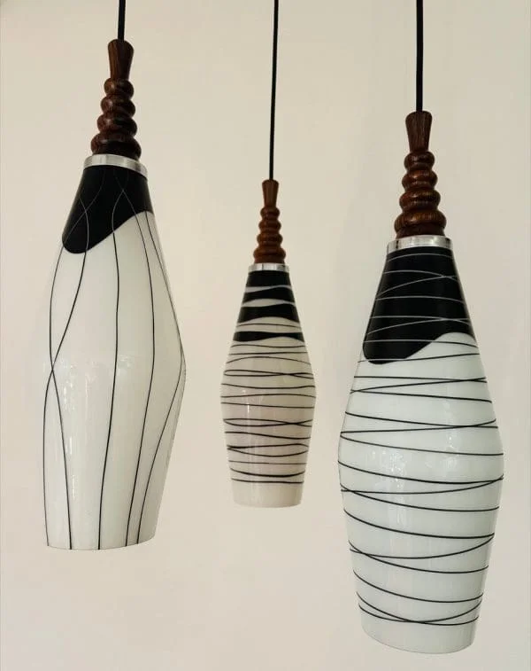 Mid-Century Czech Zukov Black and White Milky Glass Hanging Light - Image 16