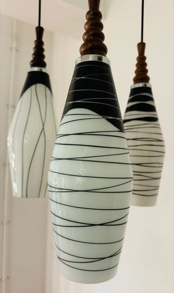 Mid-Century Czech Zukov Black and White Milky Glass Hanging Light - Image 18