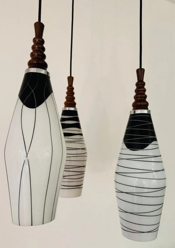 Mid-Century Czech Zukov Black and White Milky Glass Hanging Light - Image 19