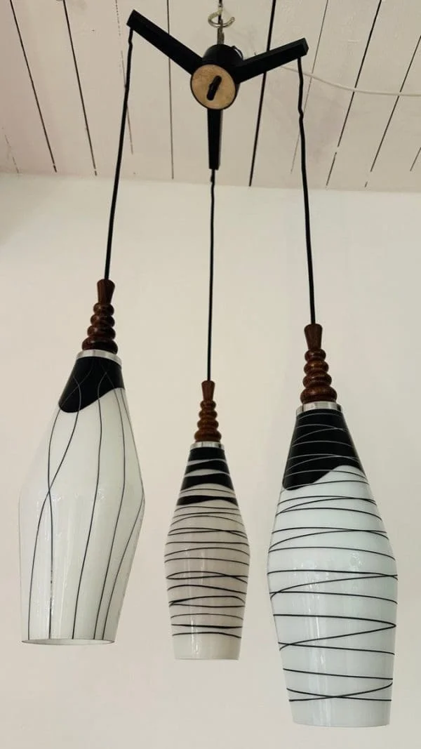 Mid-Century Czech Zukov Black and White Milky Glass Hanging Light - Image 20