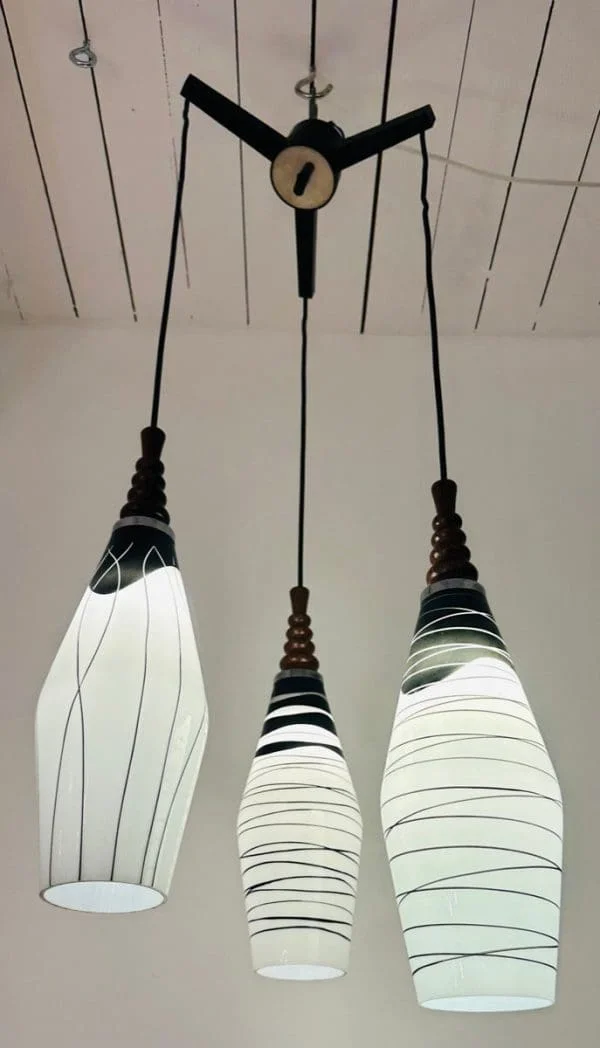 Mid-Century Czech Zukov Black and White Milky Glass Hanging Light - Image 3