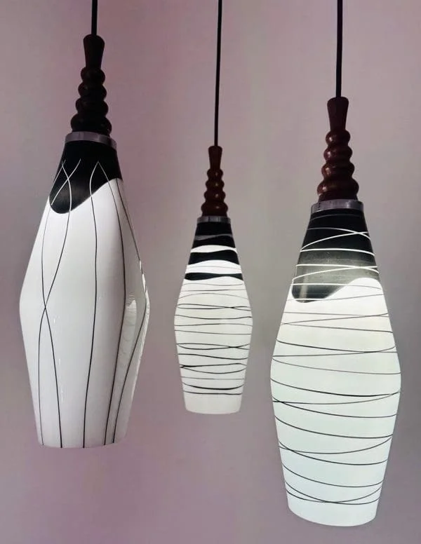 Mid-Century Czech Zukov Black and White Milky Glass Hanging Light - Image 5