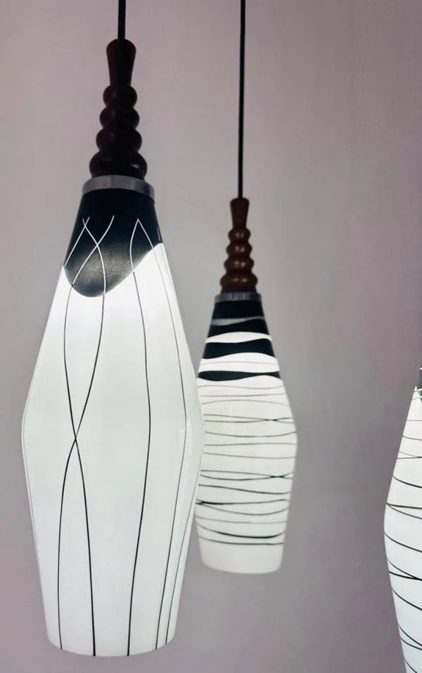 Mid-Century Czech Zukov Black and White Milky Glass Hanging Light - Image 7