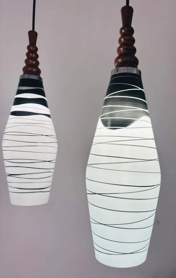 Mid-Century Czech Zukov Black and White Milky Glass Hanging Light - Image 9