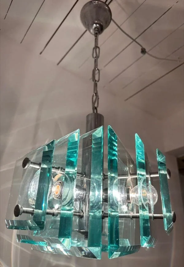 Mid-Century Italian Square Green Glass Chandelier by Lupi Cristal Luxor - Image 2