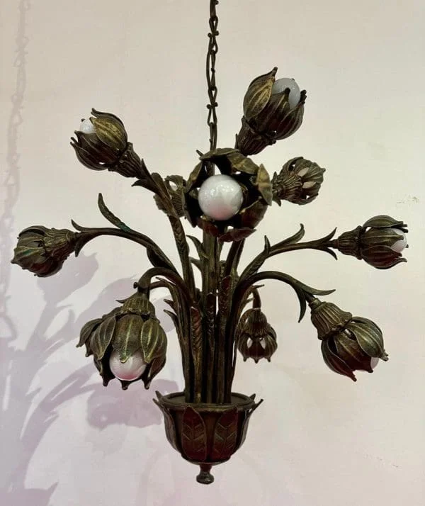 Mid Century German Cast Iron Faux Bronze 12 Light Chandelier - Image 12