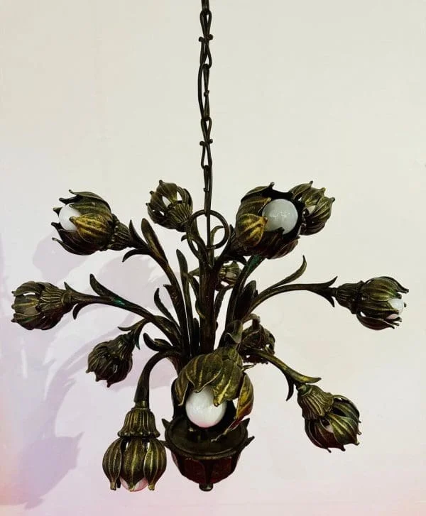 Mid Century German Cast Iron Faux Bronze 12 Light Chandelier - Image 13