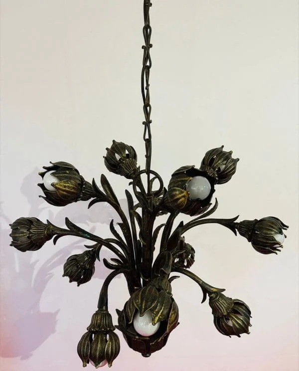 Mid Century German Cast Iron Faux Bronze 12 Light Chandelier - Image 14