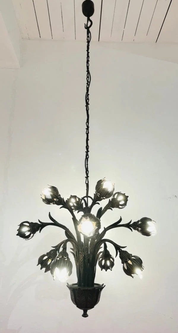 Mid Century German Cast Iron Faux Bronze 12 Light Chandelier - Image 2