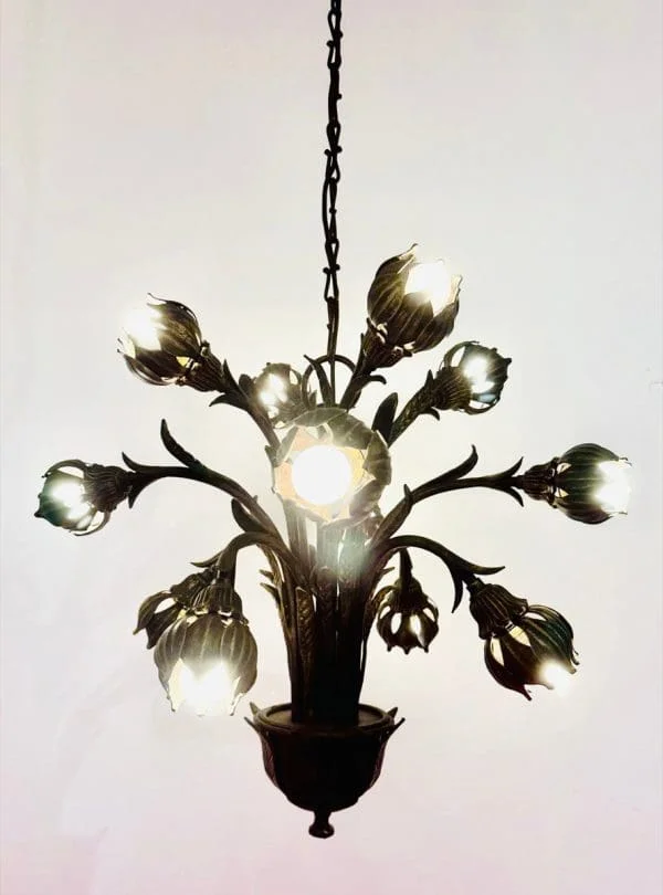 Mid Century German Cast Iron Faux Bronze 12 Light Chandelier - Image 3