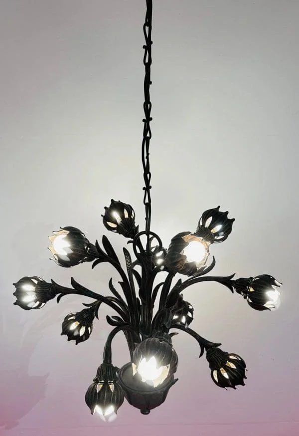 Mid Century German Cast Iron Faux Bronze 12 Light Chandelier - Image 4